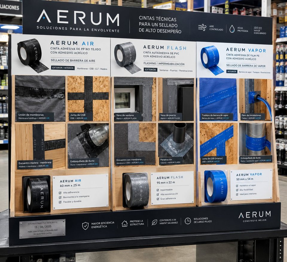 Muestrario AERUM con las tres líneas aplicadas sobre OSB, membrana, ventana, ducto y madera